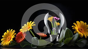 Floral Light Bulb. Flowers inside a light bulb, deep black background