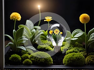 Floral Light Bulb. Green moss and yellow flowers around
