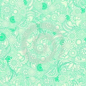 Floral light green background. Seamless texture with flowers and