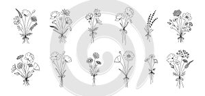 Floral line art bouquets set, vector illustration