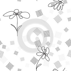 Floral line art pattern. Flowers and dots background in modern style. Seamless flourish geometric interior decor