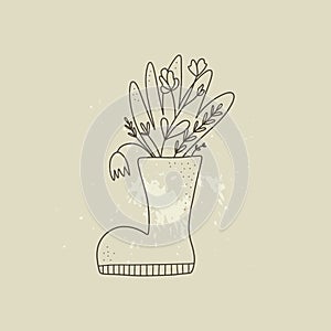 Floral line background. Hand drawn line leaves and flowers in boot, modern boho spring summer season in beige pastel colors,