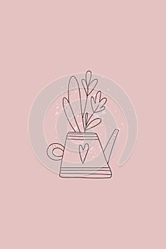 Floral line background. Hand drawn line leaves and flowers in tea pot, modern boho spring summer season in pink pastel colors,