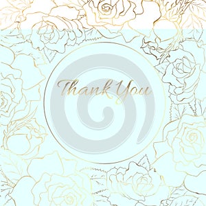 Floral line design card template. Rose peony flowers bloom blossom border decoration. Luxury copper gold shiny outline.