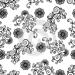 Floral line seamless pattern, black and white drawing, monochrome blooming, coloring background. Cute flower, floral stem with
