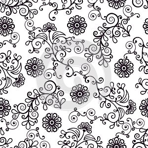 Floral line seamless pattern, black and white drawing, monochrome blooming, coloring background. Cute flower, floral stem with
