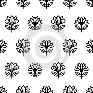 Floral line seamless pattern, black and white drawing, monochrome blooming, coloring sketch, background. Cute flower buds on stems