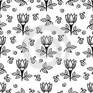 Floral line seamless pattern, black and white drawing, monochrome blooming, coloring sketch, background. Cute flower buds on stems