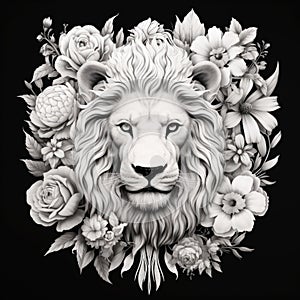 Floral Lion Head in Monochrome Backdrop with Humorous Expressions