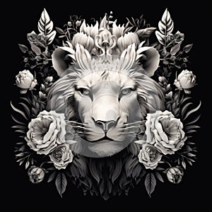 Floral Lion Head in Monochrome Backdrop with Humorous Expressions