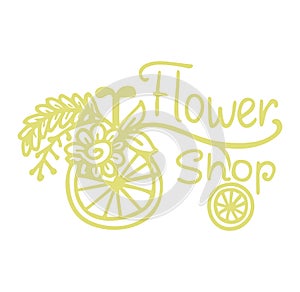 Floral logo with vintage bicycle and a basket of flowers. Green and yellow flower shop emblem vector illustration