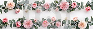 Floral Love: Pink Flowers and Eucalyptus Branches Pattern on White Background for Valentines Day, Mothers Day, Womens Day -
