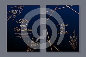 Floral luxury wedding invitation with golden leaves and lines on a navy blue background