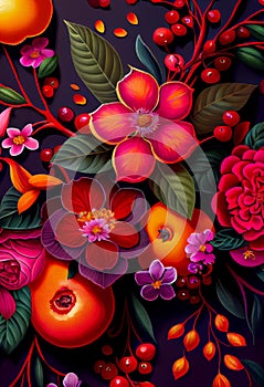 Floral magenta fruit and flowers abstract background.