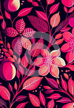 Floral magenta fruit and leaves abstract background.