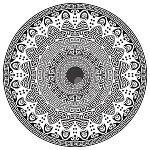 Floral Mandala. Ancient round greek ornaments. Vector isolated black meander pattern on white background. Antique mandala with