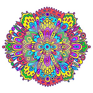 Floral mandala with flowers and leaves. Doodle fantasy colorful illustration. Fantastic ornated trippy pattern. Psychedelic art.