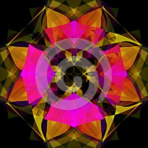 FLORAL MANDALA. PLAIN BLACK BACKGROUND. COLORFUL IMAGE, IN FUCHSIA, YELLOW, ORANGE AND BLACK