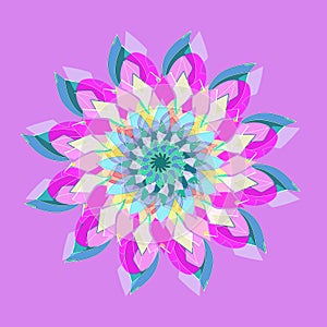 FLORAL MANDALA. VINTAGE IMAGE. PLAIN PURPLE BACKGROUND. CENTRAL FLOWER IN PURPLE, LILAC, PINK, YELLOW, BEIGE, LIGHT GREEN.