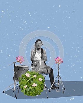 Floral melody. Young man playing drums, performing lively. Expression of feelings. Pastel art. Concept of creativity