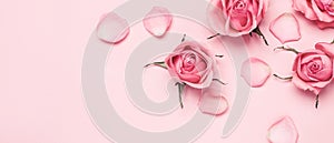 Floral monochrome composition of rose buds and petals on pink banner, copy space