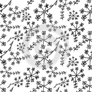 Floral monochrome endless pattern, hand drawn seamless background ink graphic art design elements