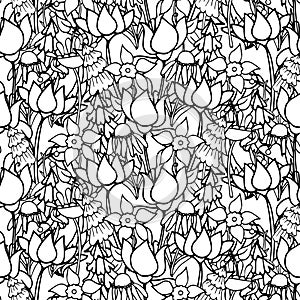 Floral monochrome endless pattern, hand drawn seamless background ink graphic art design elements