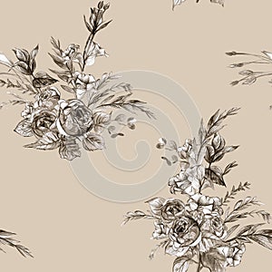 Floral monochrome pattern in pastel colors with graphic design of vintage rose bouquet