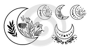 Floral moon clipart. Moon phase flowers set. Black moon elements. Celestial crescent flower logo. Hand drawing