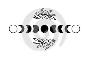 Floral moon phase. Black moon phase. Boho luna symbol. Shape moon cycle. Full moon, crescent isolated. Celestial element