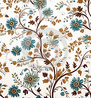A floral motif against a white backdrop, featuring green and brown tones, with an enigmatic ambiance. Generative AI