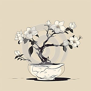 Floral Motif Bonsai Tree In White Bowl: Delicate Flowers In Monochrome Palette