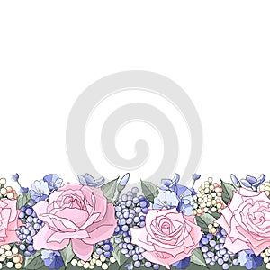 Floral motif border. Set of flower brush. Frame with rose, leaves, lavender. Editable element for design