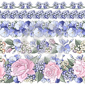 Floral motif border. Set of flower brush. Frame with rose, leaves, lavender. Editable element for design