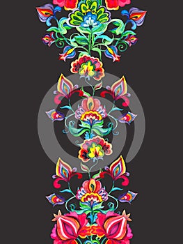 Floral motif of Eastern Europe - repeating frame with slavic native flowers. Watercolor strip