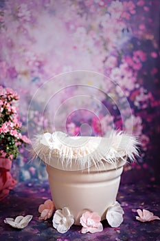 Floral newborn digital background on violet. Composite for baby photography