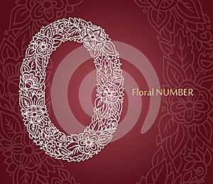 Floral number 0 made of white line leaves and flowers on burgundy background. Typographic element for design. Hand drawn