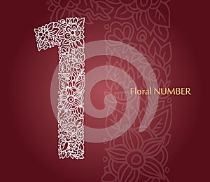 Floral number 1 made of white line leaves and flowers on burgundy background. Typographic element for design. Hand drawn