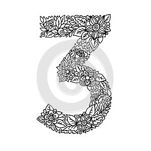 Floral number 3 made of leaves and flowers on white background. Typographic element for design. Hand drawn Vector