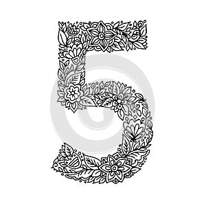 Floral number 5 made of leaves and flowers on white background. Typographic element for design. Hand drawn Vector