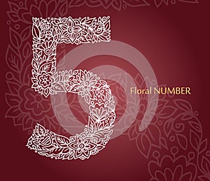 Floral number 5 made of white line leaves and flowers on burgundy background. Typographic element for design. Hand drawn