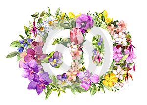 Floral number 50 fifty from wild flowers and meadow grass. Watercolor numeric