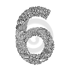 Floral number 6 made of leaves and flowers on white background. Typographic element for design. Hand drawn Vector