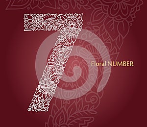 Floral number 7 made of white line leaves and flowers on burgundy background. Typographic element for design. Hand drawn