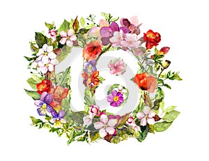 Floral number 18 eighteen from flowers and grass. Watercolor photo