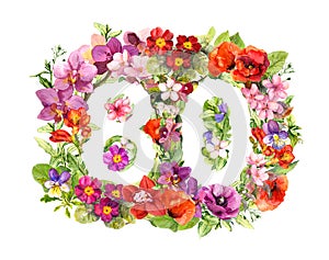 Floral number 80 eighty from wild flowers and meadow grass. Watercolor for anniversary card photo