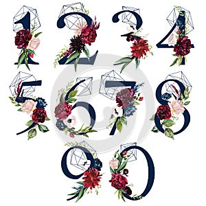 Floral Number Set - digits 1, 2, 3, 4, 5, 6, 7, 8, 9, 0 with flowers bouquet composition, delicate navy geometric shape crystal