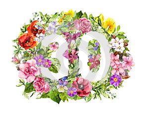 Número 30 treinta Salvaje flores a prado césped. acuarela felicitaciones de cumpleanos 