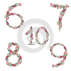 Floral numbers, hand-drawn vector numbers decorated with a botanical pattern