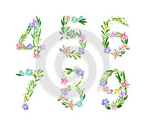Floral numbers set. Numerals made of delicate flowers and green leaves cartoon vector illustration